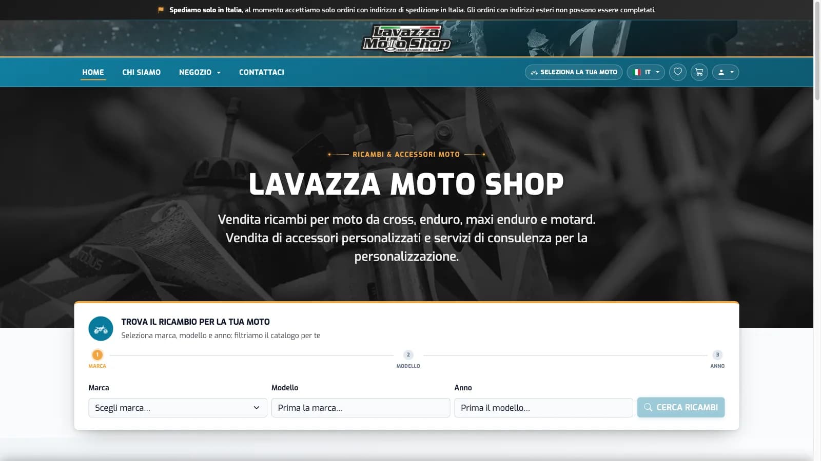 Lavazza Moto Shop Homepage dell’e-commerce Lavazza Moto Shop, negozio online per ricambi e accessori moto cross, enduro e motard