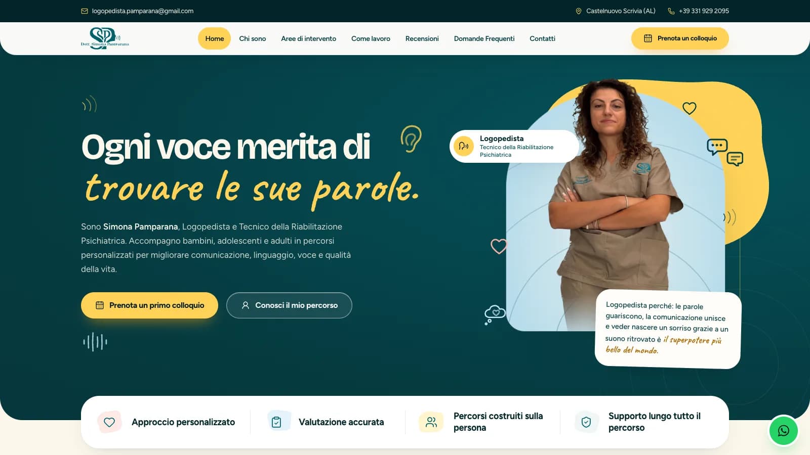 Dott.ssa Simona Pamparana Homepage del sito di Simona Pamparana, logopedista a Castelnuovo Scrivia, con titolo «Ogni voce merita di trovare le sue parole» e ritratto della professionista